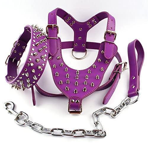 XIULAIQ Purple Adjustable Cool Spiked Studded Leather Dog Harness Collar Leash Set for Large Dog Pitbull Boxer Mastiff Amstaff M L XL